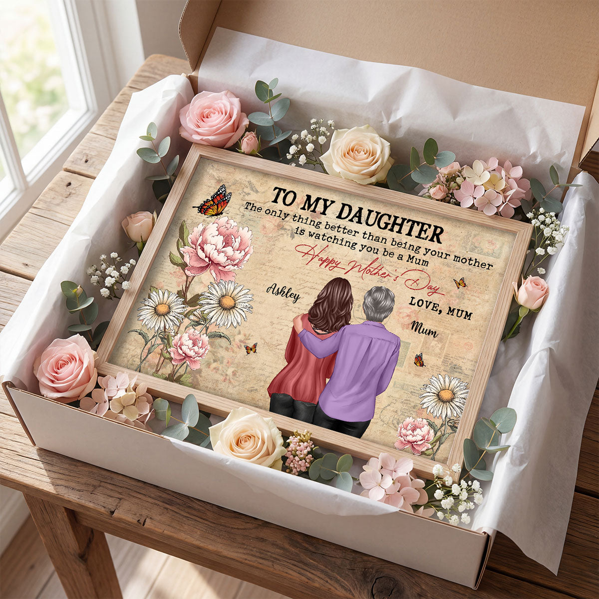 To My Daughter From Mum Vintage Floral Newspaper Birth Month Flower - Personalised Poster - UK Mother's Day