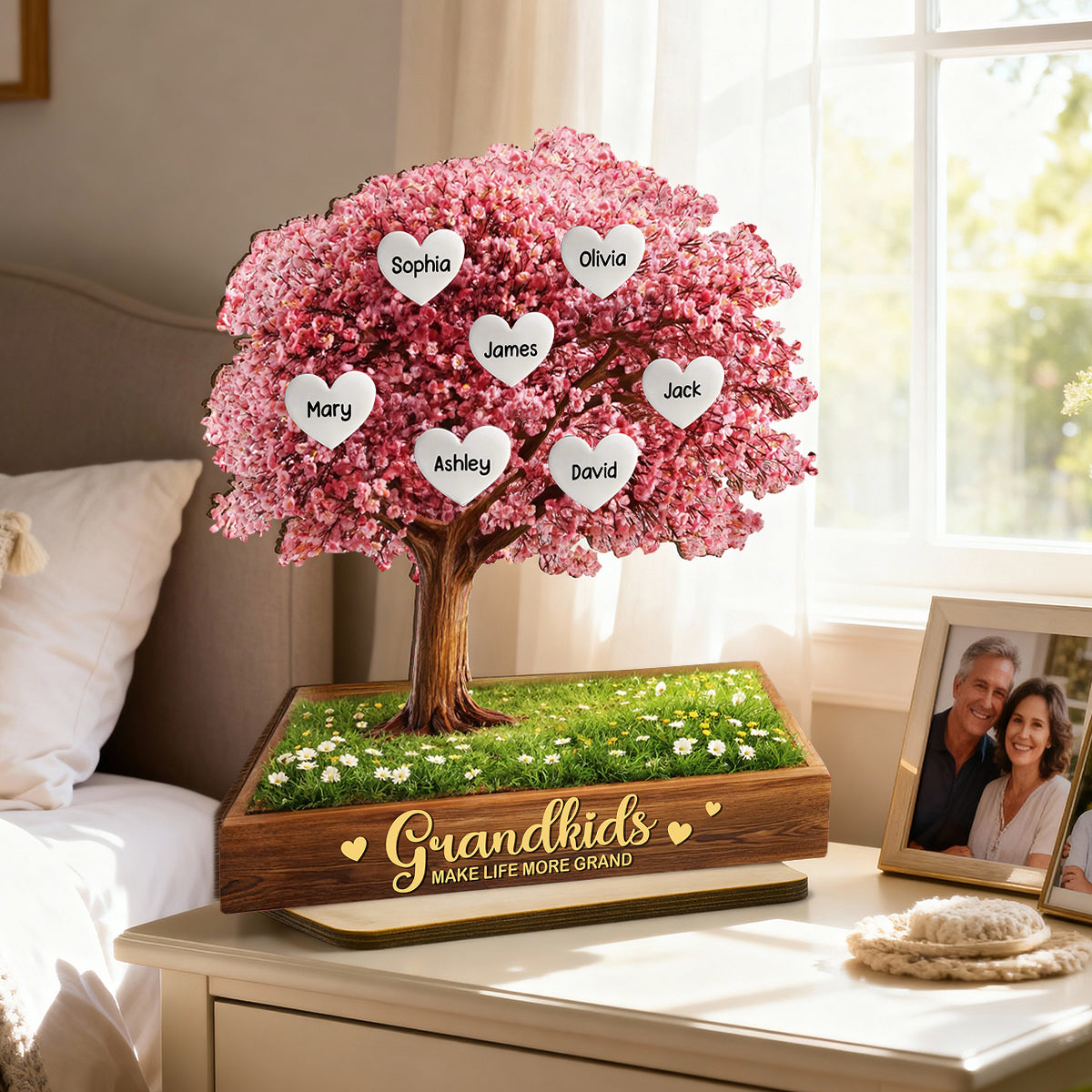Grandkids Make Life More Grand Family Heart Tree - Personalized 2-Layered Wooden Plaque - Heartfelt Gift for Grandma