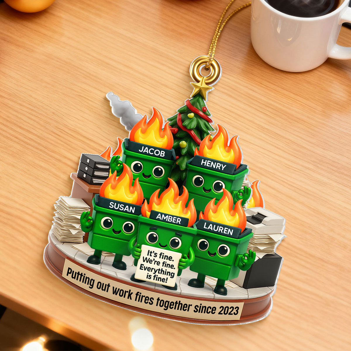Funny Dumpster Fire Office Chaos Background - Personalized Acrylic Ornament - Funny Christmas Gift, White Elephant Gift for Coworkers