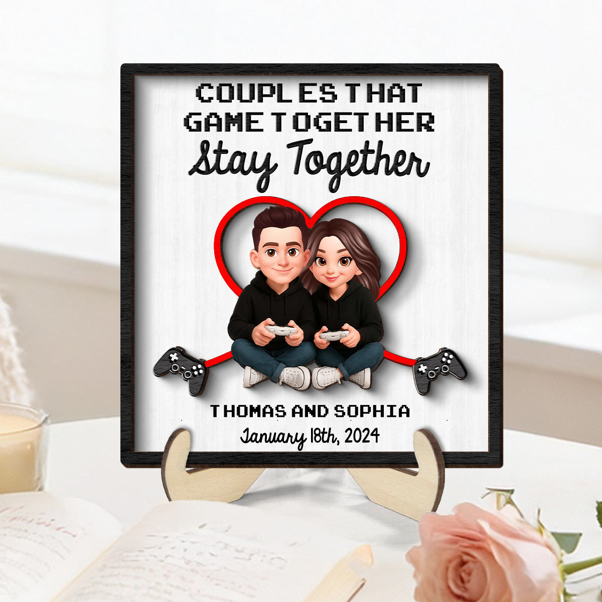 Gaming Couple Game Together Stay Together - Personalized 2-Layered Wooden Plaque - Heartfelt Valentine, Anniversary Gift For Gamers, For Him, For Her