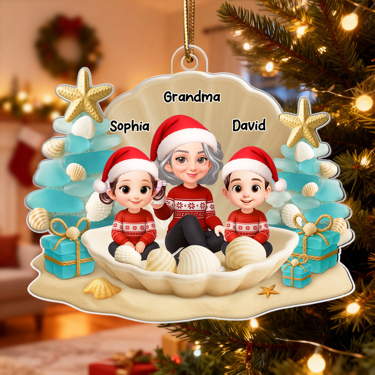 Grandma Grandkids 3D Beach-Inspired Sea Glass - Personalized Acrylic Ornament - Christmas Gift for Grandkids, Grandma