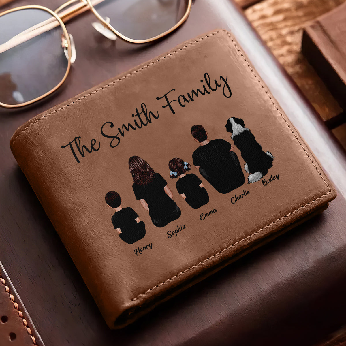 Family Sitting Together Personalized Printed Leather Wallet, Father's Day Gift, Birthday Gift For Husband, Dad, Grandpa