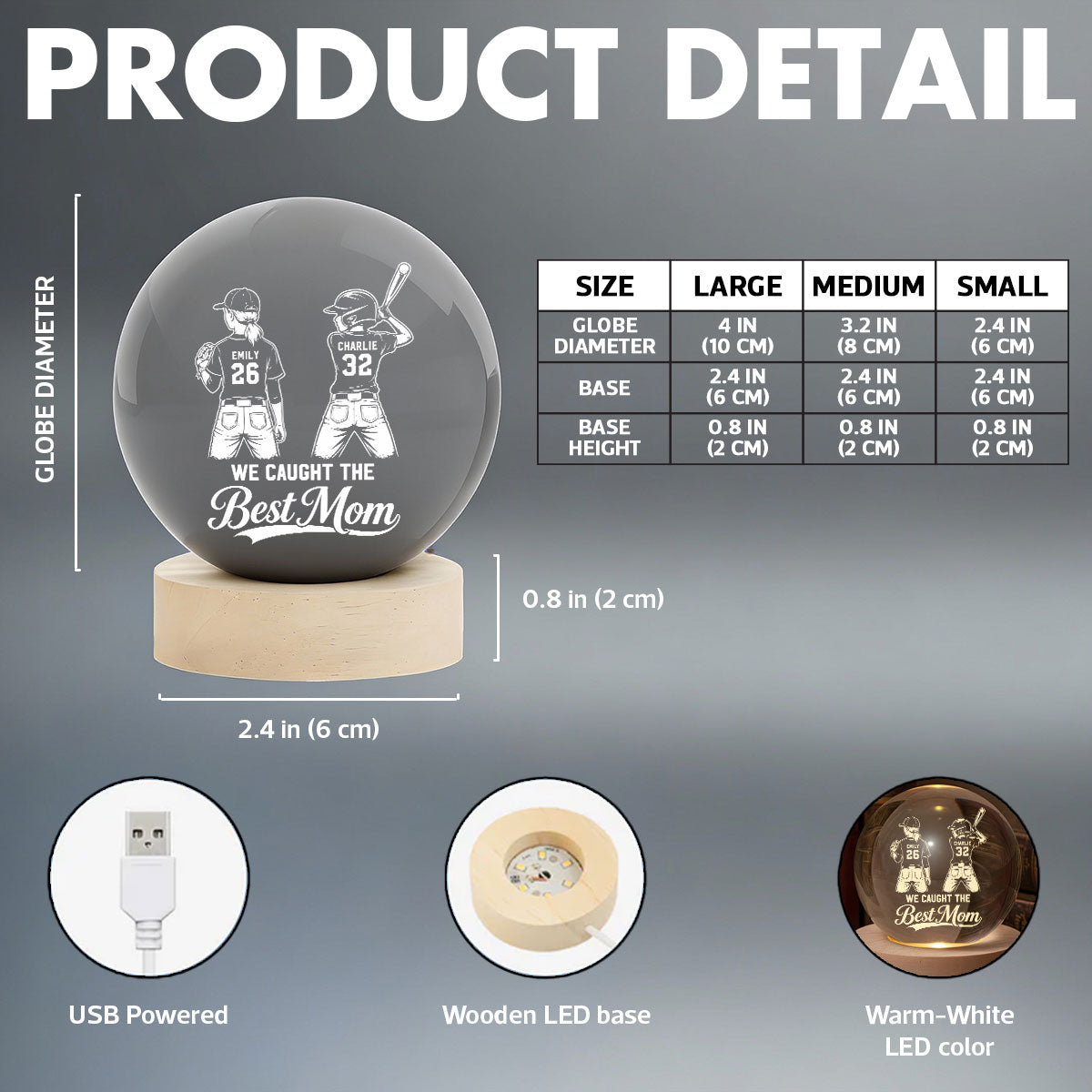 Baseball Players We Caught The Best Mom - Personalized Crystal Ball LED Night Light - Mother's Day Gift For Baseball Mom, Wife