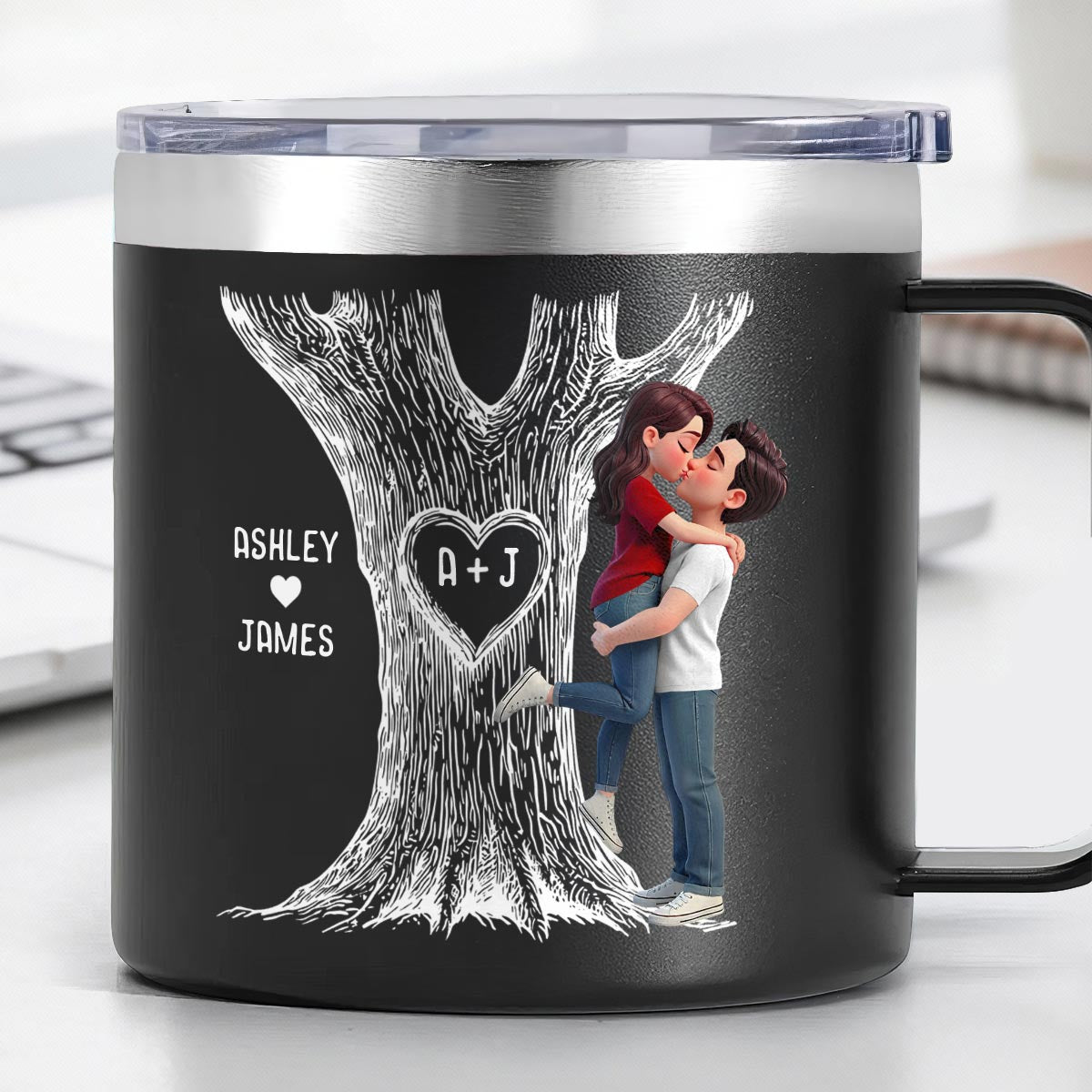 Eternal Love Couple Hugging Kissing Heart Carved Tree Of Love Initials - Personalized Tumbler With Handle - Heartfelt Valentine, Anniversary Gift For Him, For Her