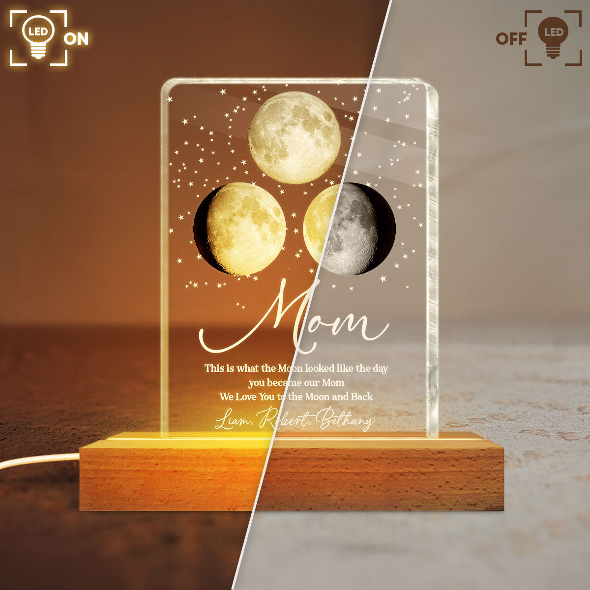 Mom I Love You to the Moon and Back, Custom Moon Phase by Date - Personalized Acrylic Block LED Night Light - Heartfelt Gift for Mom