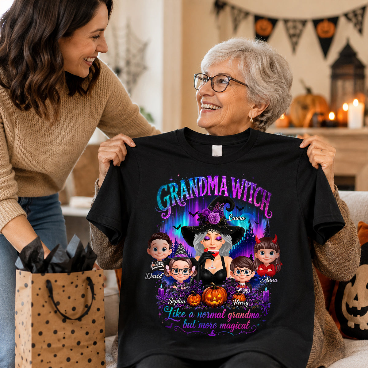 Grandma Witch More Magical Neon Light - Personalized Shirt - Trendy Halloween Tee for Grandma