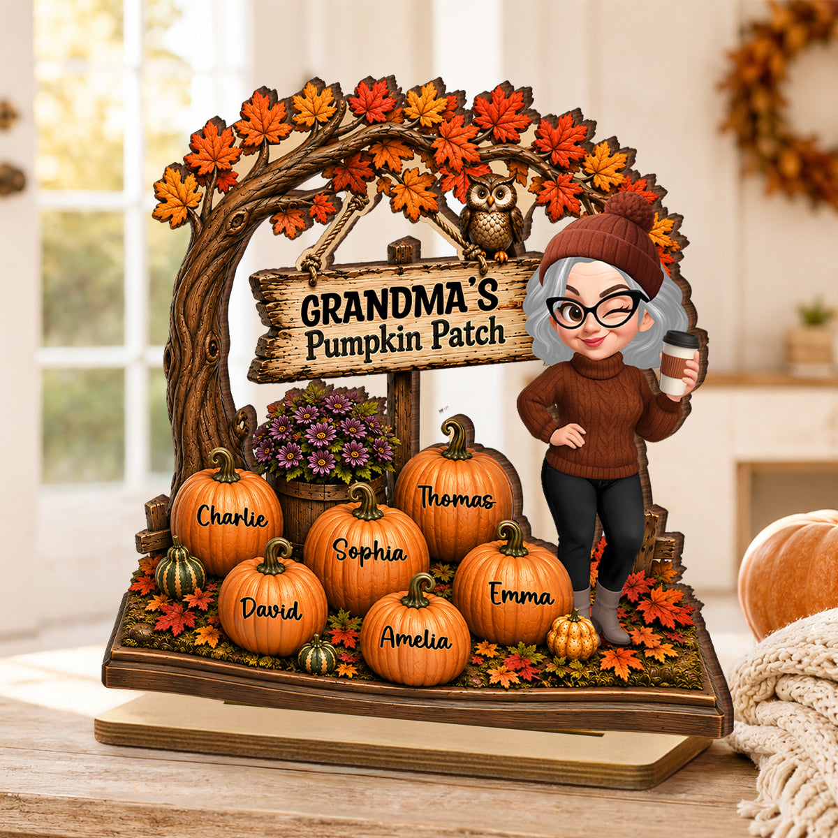 Grandma Grandkids Pumpkin Patch - Personalized 2-Layered Wooden Plaque - Fall Season Decor Gift, Gift For Grandma