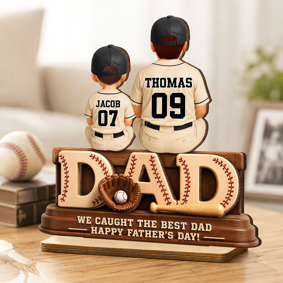 We Caught the Best Baseball Dad, Dad & Kids Back View - Personalized 2-Layered Wooden Plaque -  Gift for Dad, Husband
