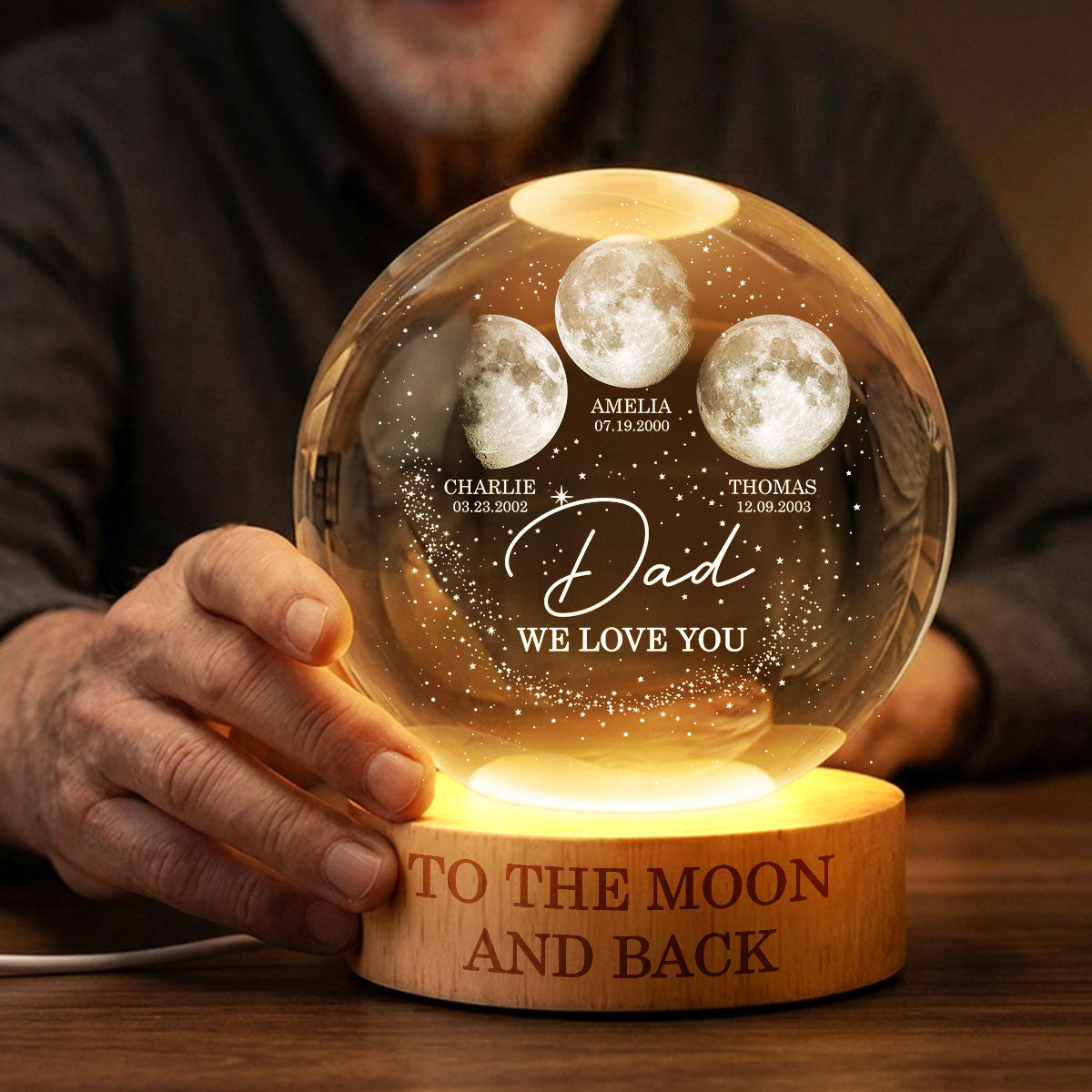 Love to the Moon and Back - Personalized Crystal Ball LED Night Light - Custom Moon Phase by Date,  Gift for Dad, Husband
