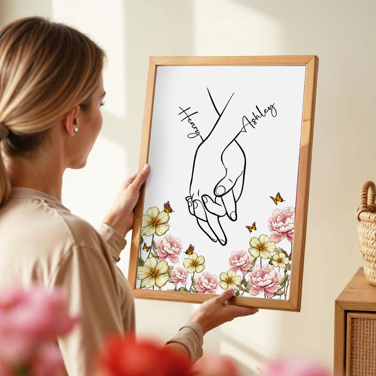 I Love You Couple Hand Print Birth Flower - Personalized Poster - Sentimental Gift for him, for her
