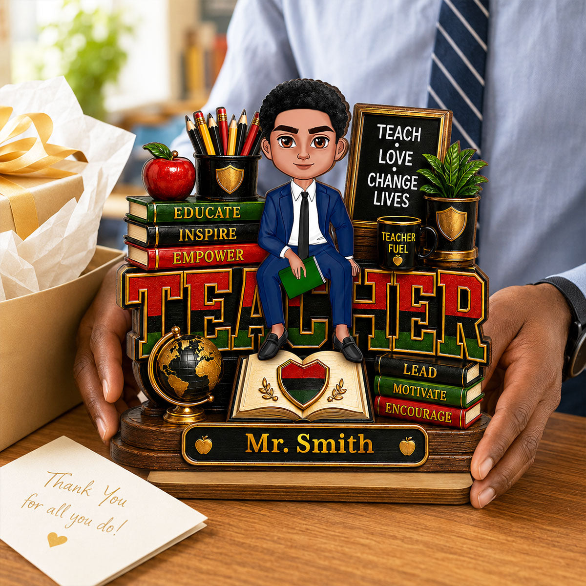 Teach Love Changes Life - Personalized 2-Layered Wooden Plaque - African American Male Teacher Appreciation Gift