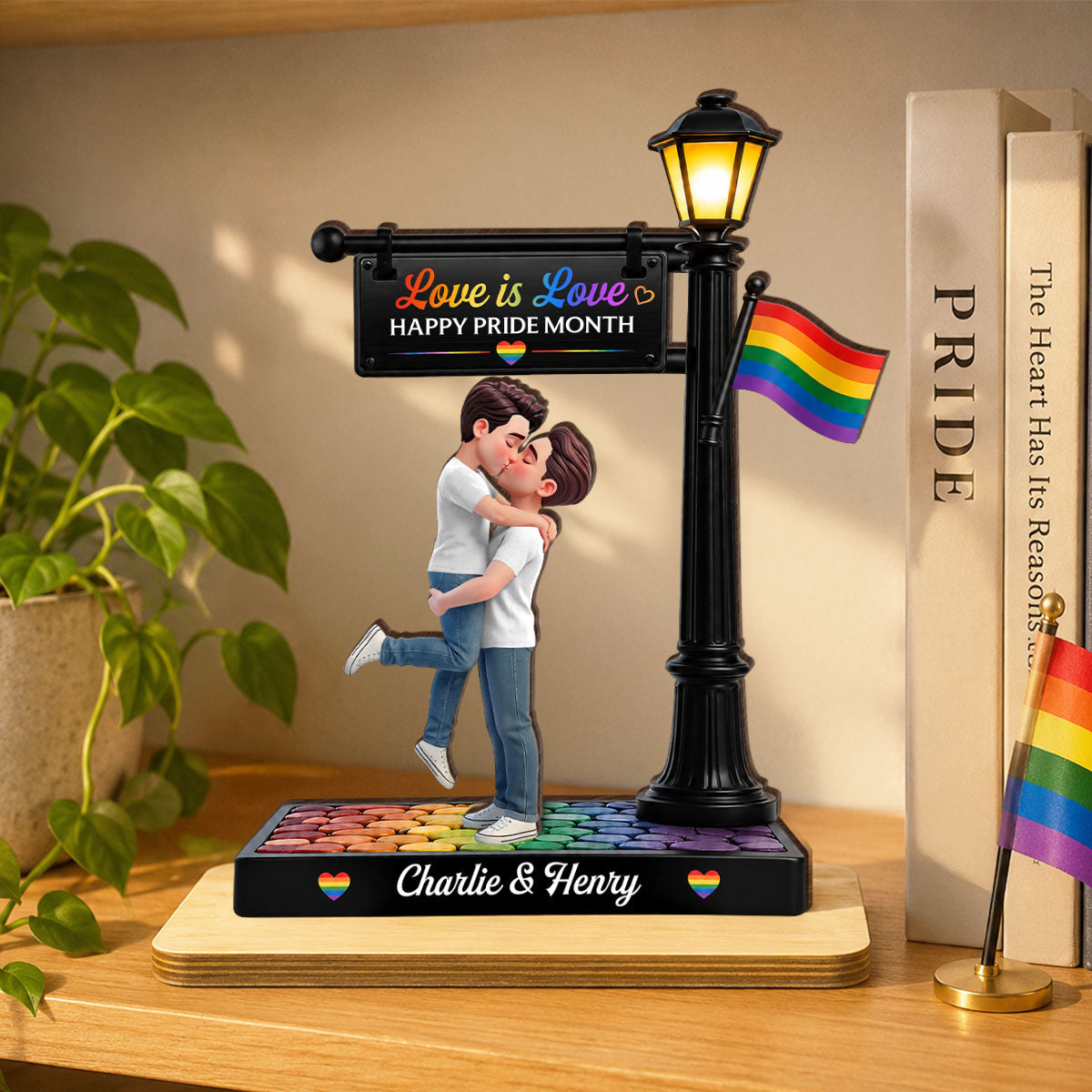 LGBT Couple Under Lamp Post - Personalized 2-Layered Wooden Plaque - Gift For Couple, Happy Pride Month