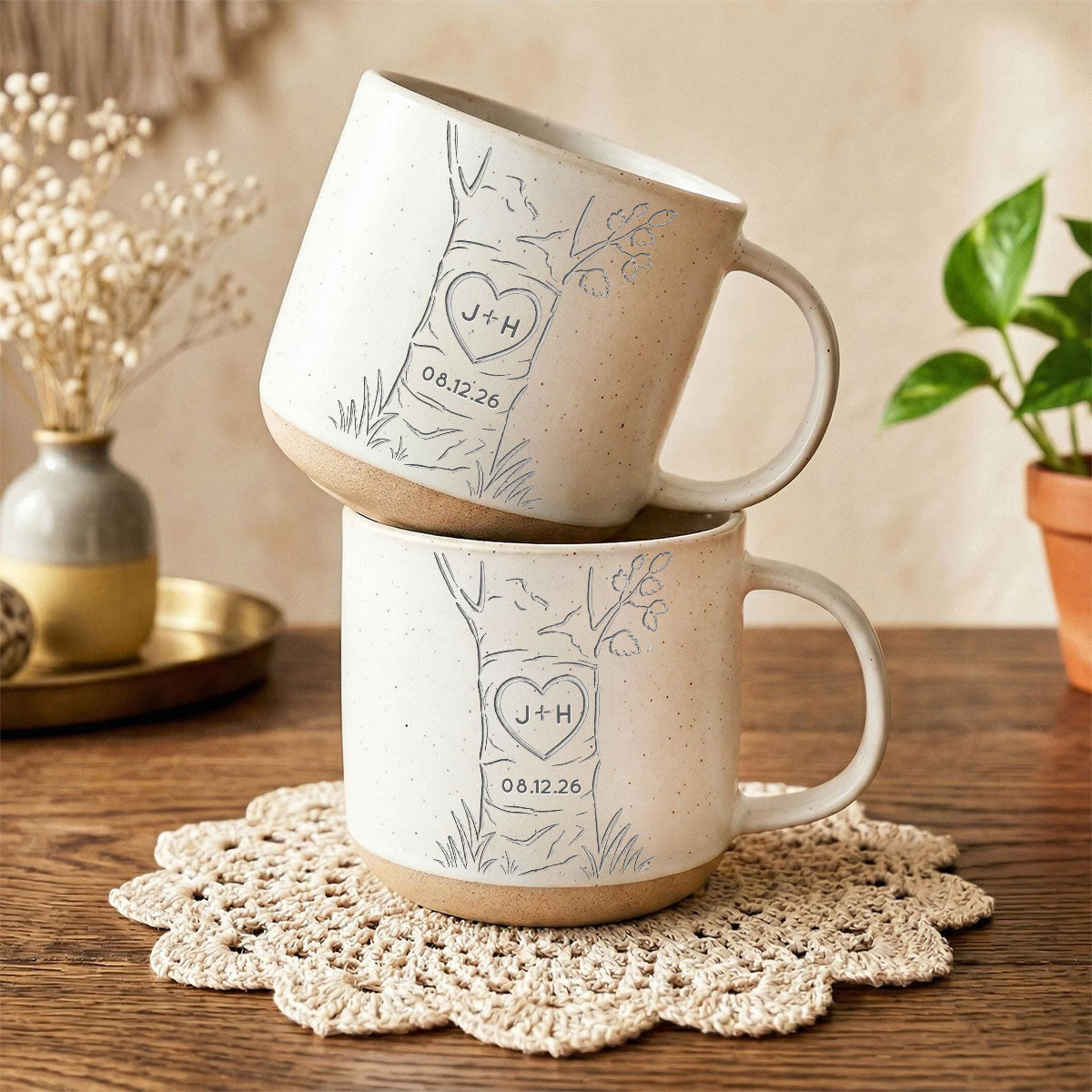 Carved in Love - Personalized Pottery Mug - Anniversary, Engagement Gift For Couple