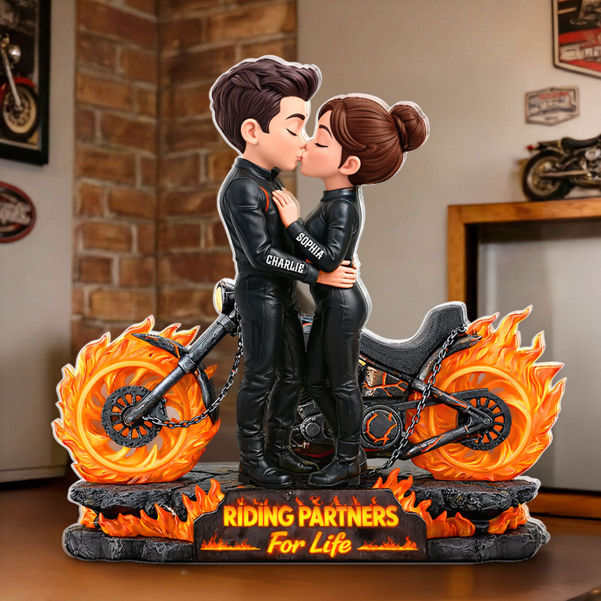 Biker Couple Fire - Personalized Acrylic Block Plaque - Sentimental Gift for Her, for Him