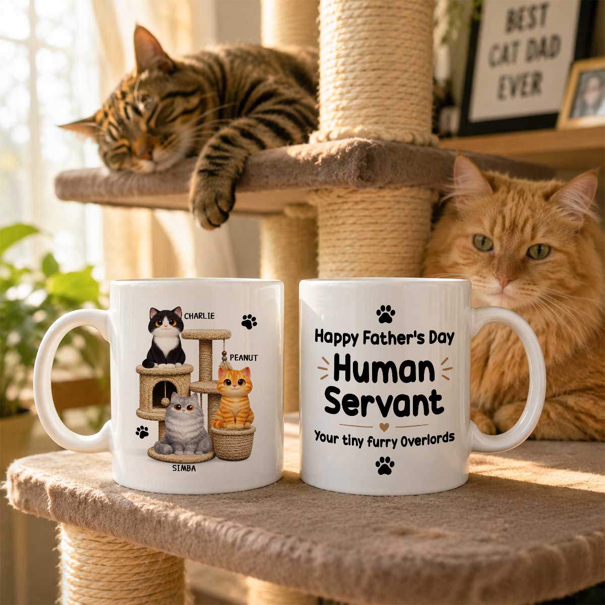 Happy Father's Day Human Servant Cats On Cat Tree - Personalized Mug - Father's Day Gift For Cat Dad