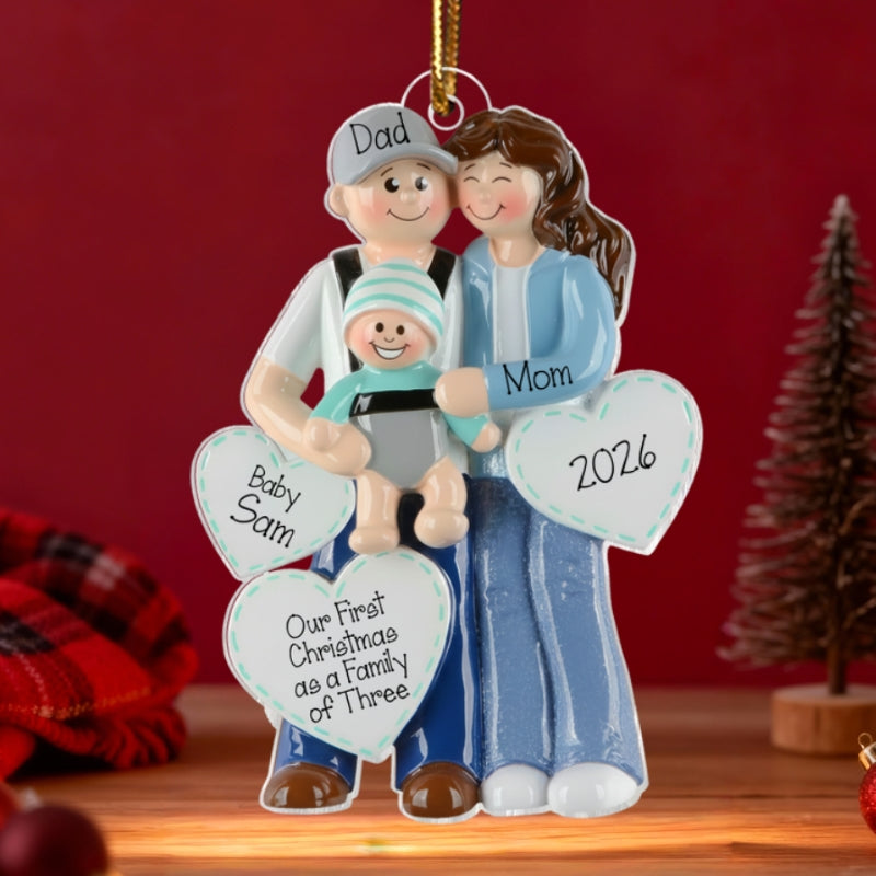 3D Effect First Christmas As Family Of Three Mom Dad & Baby On Carrier - Personalized Acrylic Ornament