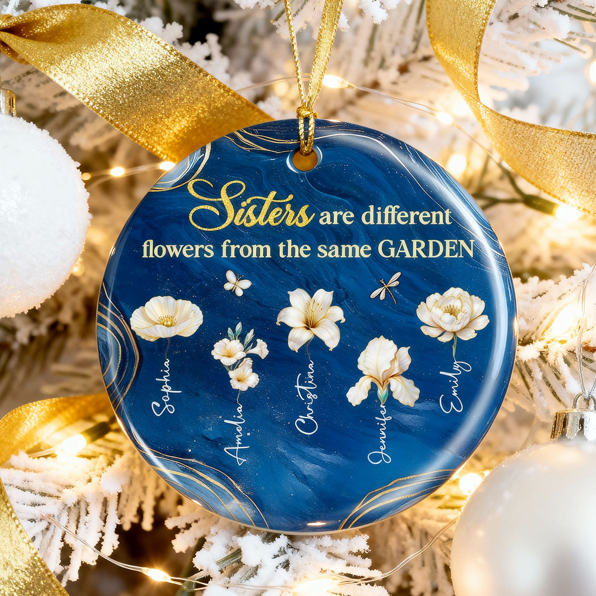 3D Effect Birth Flowers Sisters From The Same Garden - Personalized Ceramic Ornament - Christmas Gift For Sisters