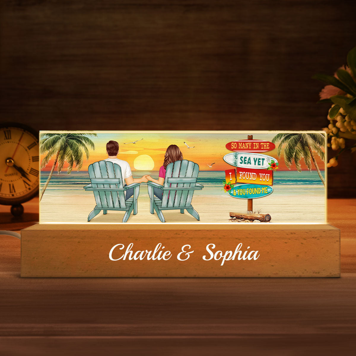 Summer Couple Sitting Be Happy Personalized Acrylic Block LED Night Light, Anniversary Gift For Him, Gift For Her, For Husband, For Wife