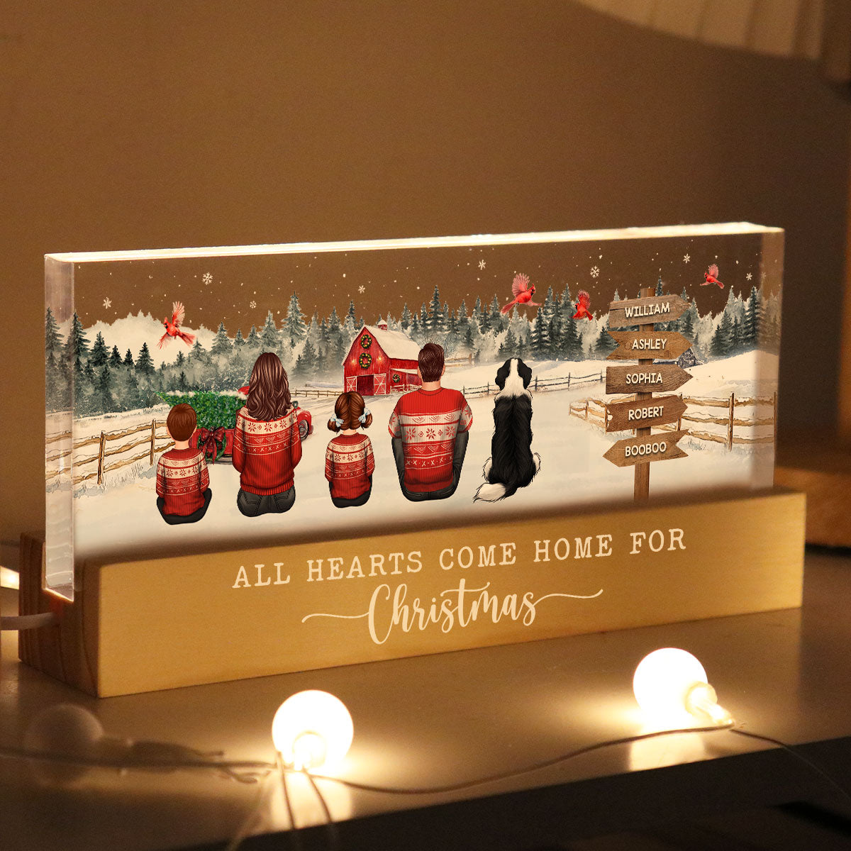 Christmas Family Sitting Truck Red Barn Personalized Acrylic Block LED Night Light