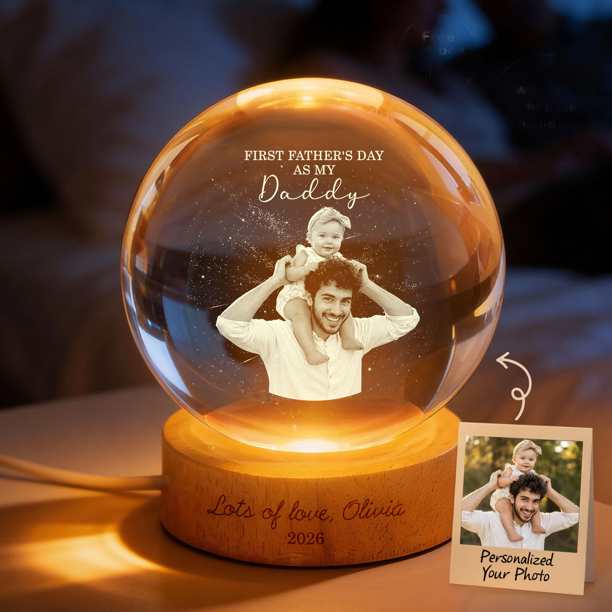 First  as My Daddy - Personalized Crystal Ball LED Night Light -  Gift for Dad