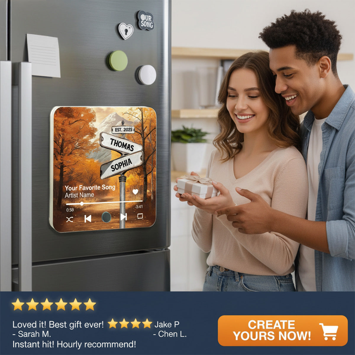Crossroads Street Sign Nostalgia Fall Theme - Personalized Music Fridge Magnet - Anniversary, Valentine's Day Gift For Couple