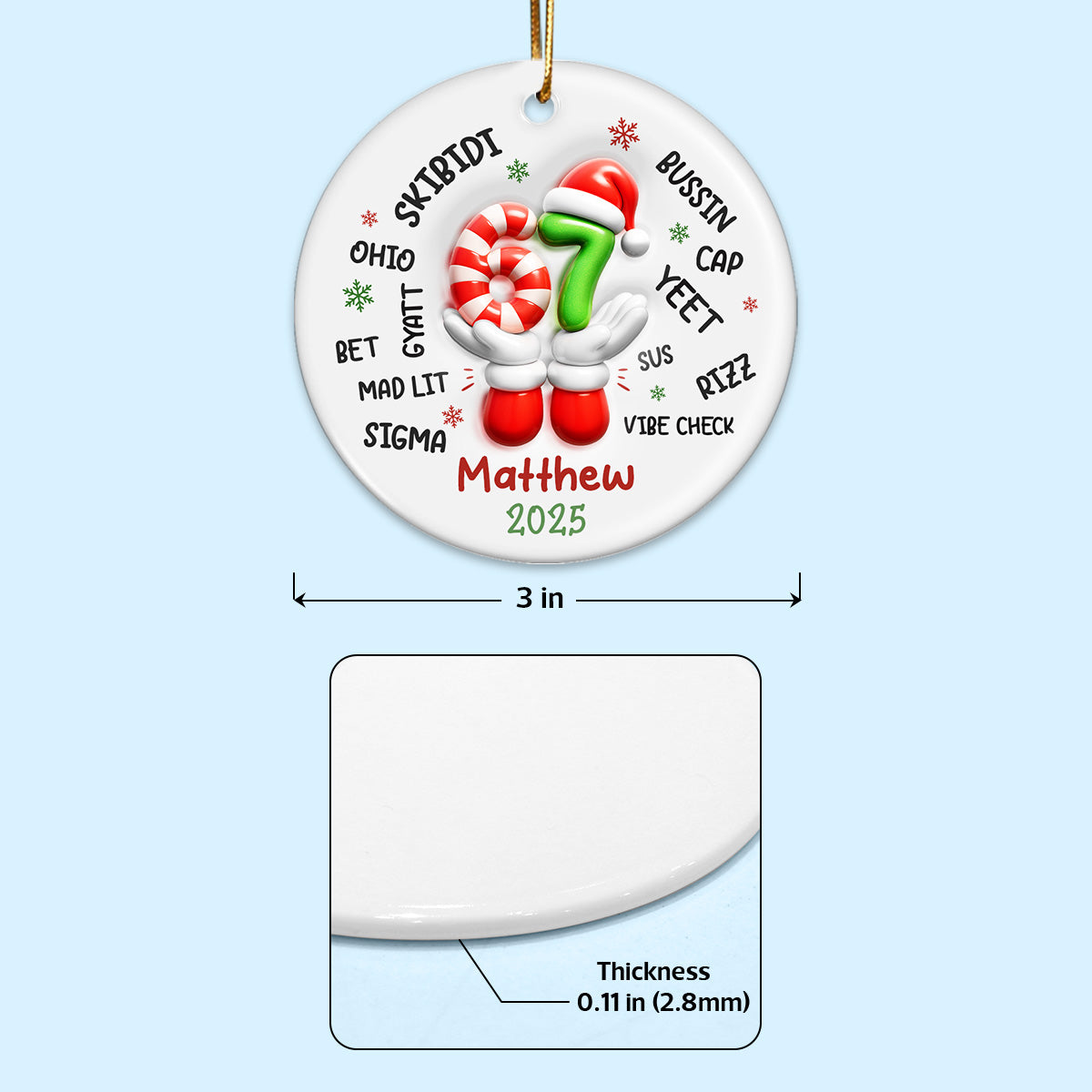 Custom Name Kid Slang Six Seven 3D Effect - Personalized Ceramic Ornament - 2025 Slang, Funny Teen Grandkid, Gen Alpha Christmas Gift