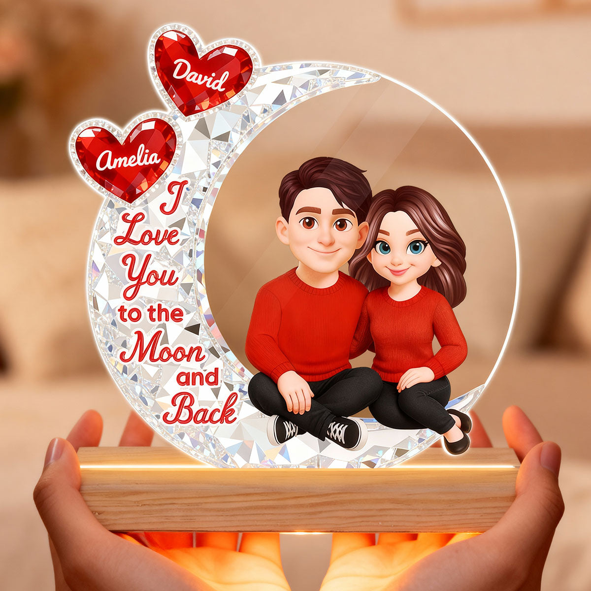 Eternal Love Couple Sitting On Moon - Personalized Plaque LED Night Light - Heartfelt Gift For Couple, Gift For Him, For Her