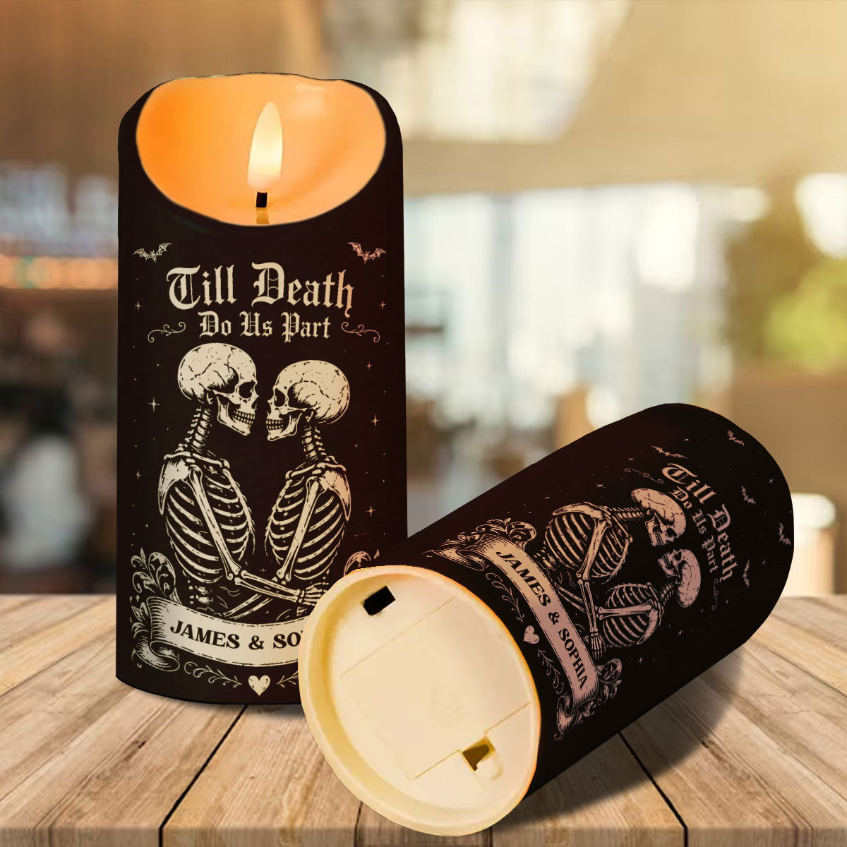 Till Death Do Us Part Skeleton Couple Black Theme - Personalized LED Candle - Halloween Decor For Couple