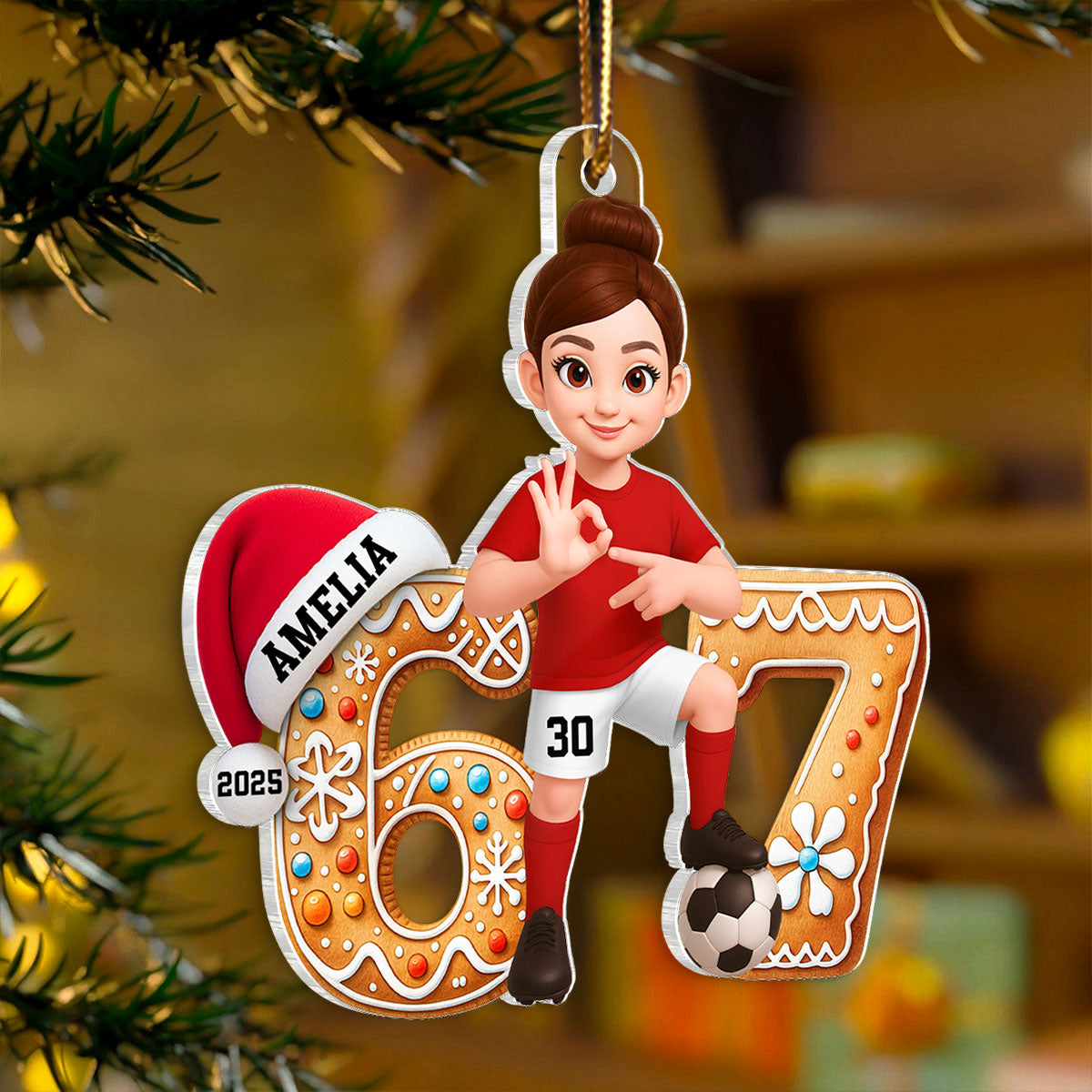 Soccer Boy Girl Christmas Pattern Custom Six Seven 67 - Personalized Acrylic Ornament - Teen Slang Funny Tree Decor, Funny Teen Grandkid Gift