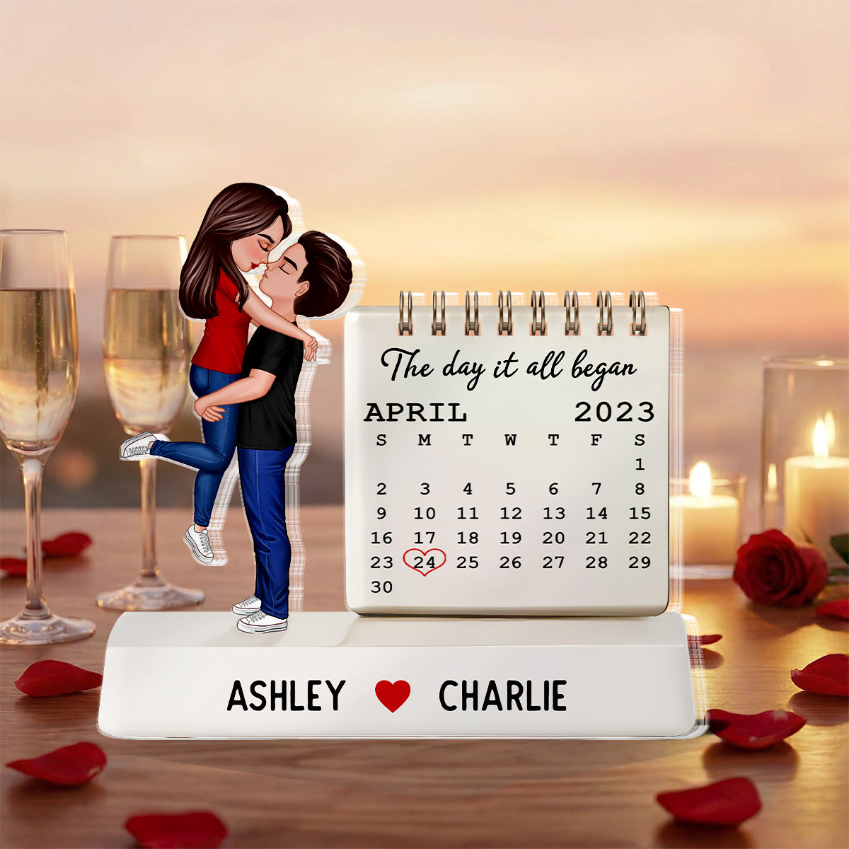 Couple Hugging Kissing The Day Our Story Began Couple Anniversary Calendar 2D Flat - Personalized Acrylic Block Plaque