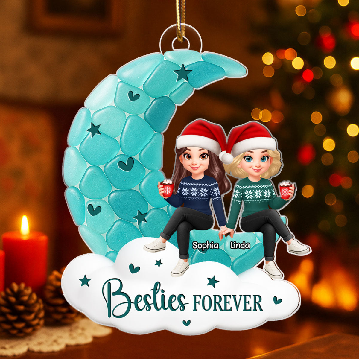 Sea Glass Effect Besties On Moon - Personalized Acrylic Ornament - Christmas Gift For Best Friends