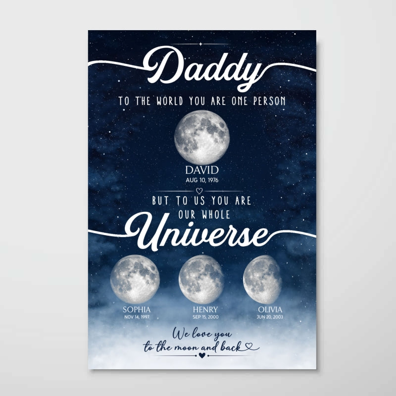 Daddy To Us You Are the World Custom Moon Phase by Date - Personalized Poster - Father's Day Gift for Son