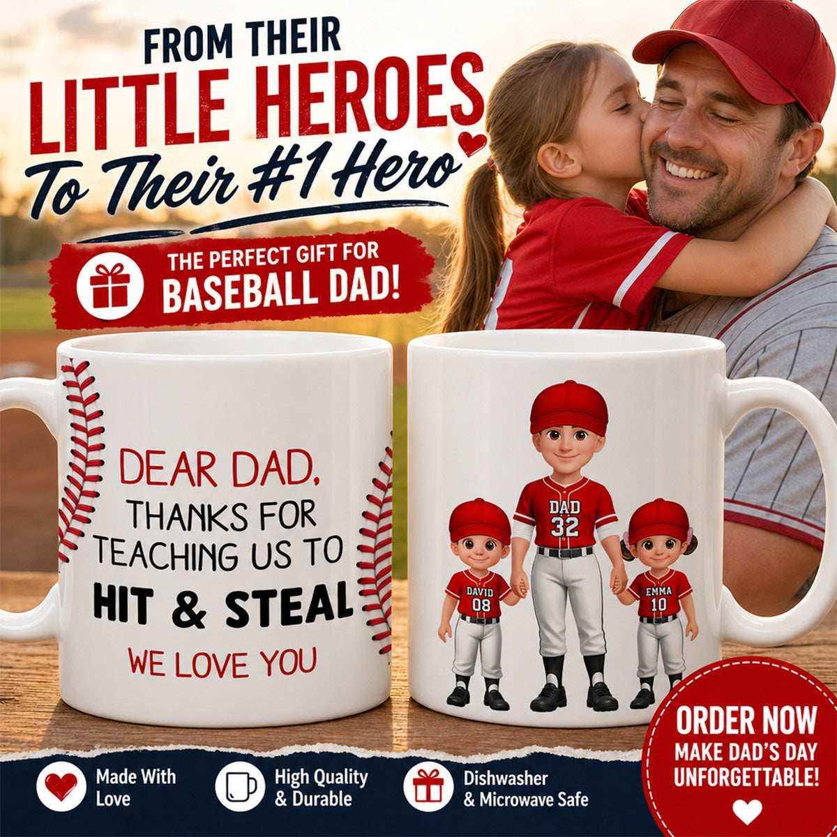 Thank You For Teaching Us To Hit & Steal Baseball Dad & Kids Standing - Personalized Mug - Father's Day Gift For Dad, Husband