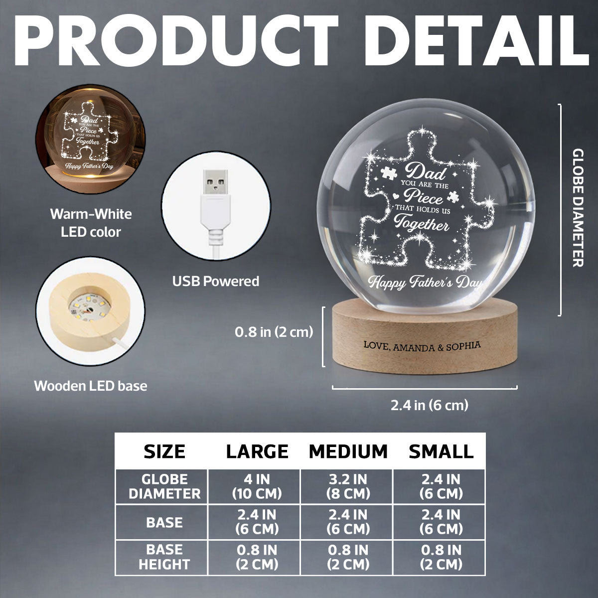 Dad You Are The Piece That Holds Us Together - Personalized Crystal Ball LED Night Light -  Gift For Dad