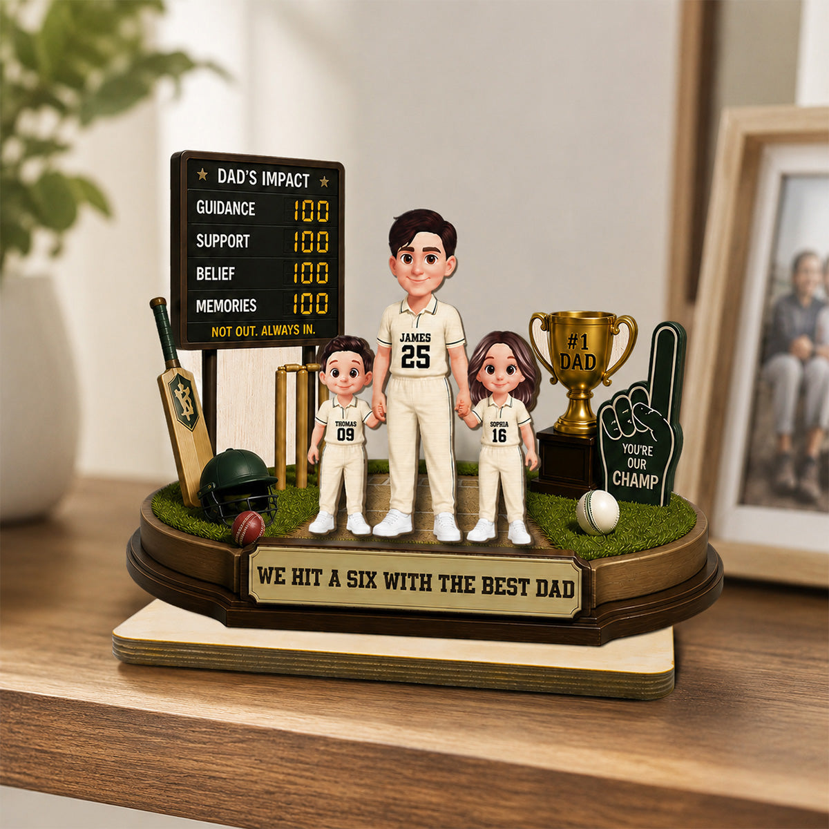 Hit A Six With The Best Dad Cricket Dad & Kids - Personalised 2-Layered Wooden Plaque -  Gift For Husband, Dad