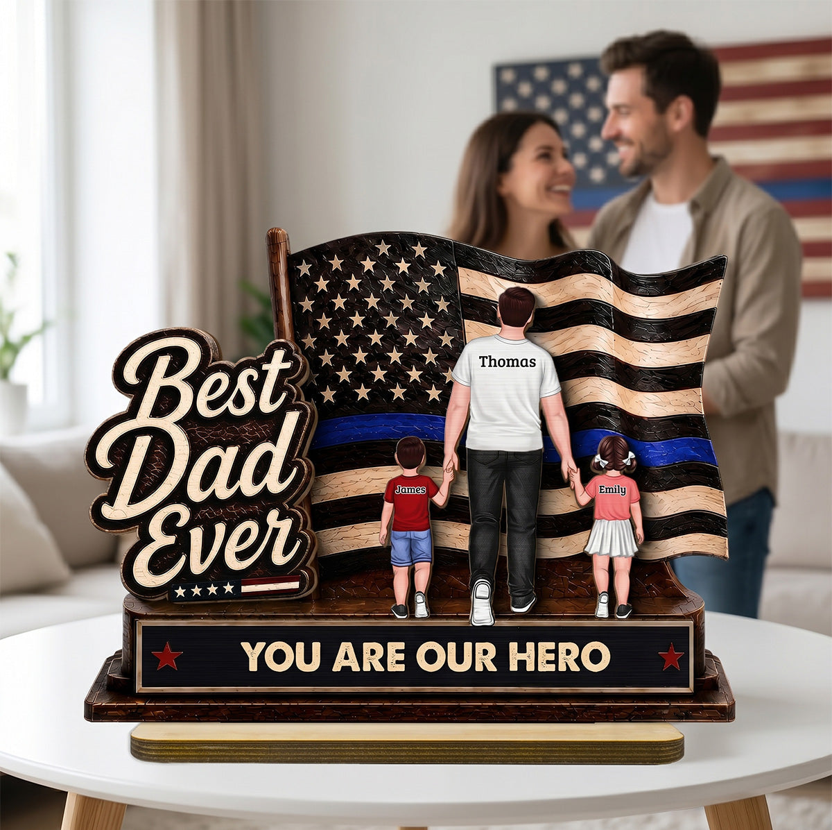 Best Dad Ever Our Hero American Flag 2D Flat - Personalized 2-Layered Wooden Plaque -  Gift For Patriotic Dad, Grandpa, Husband