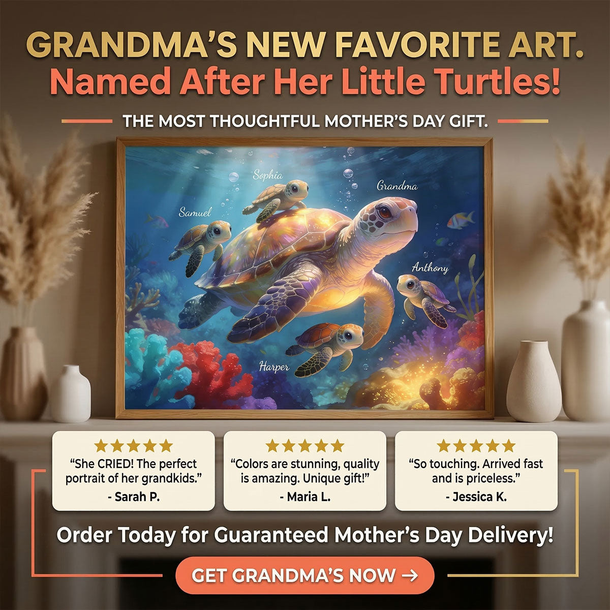 Timeless Love Grandma Grandkids Sea Turtles - Personalized Poster - Mother's Day Gift For Grandma