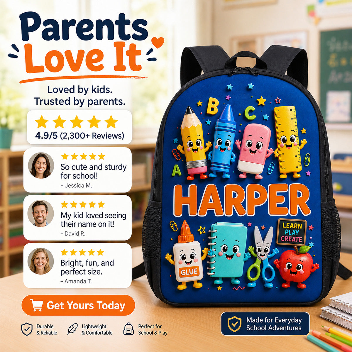 Playful School Things With Kid Name 2D Flat - Personalized Backpack - Back To School Gift