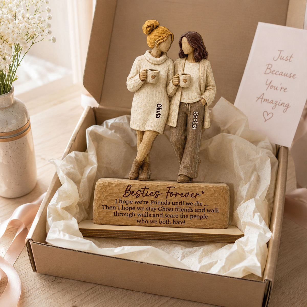 Besties Forever Coffee Date Girls 2D Flat - Personalized 2-Layered Wooden Plaque - Friendship Keepsake
