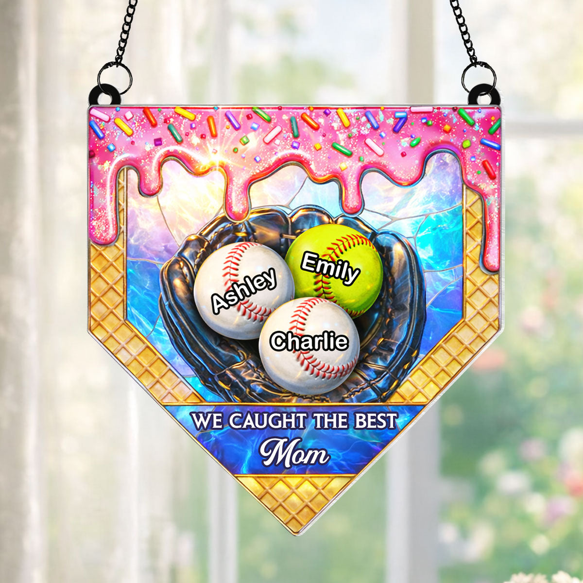 Icecream Drip Baseball We Caught the Best Mom - Personalized Suncatcher - Mother's Day Gift for Mom, Wife