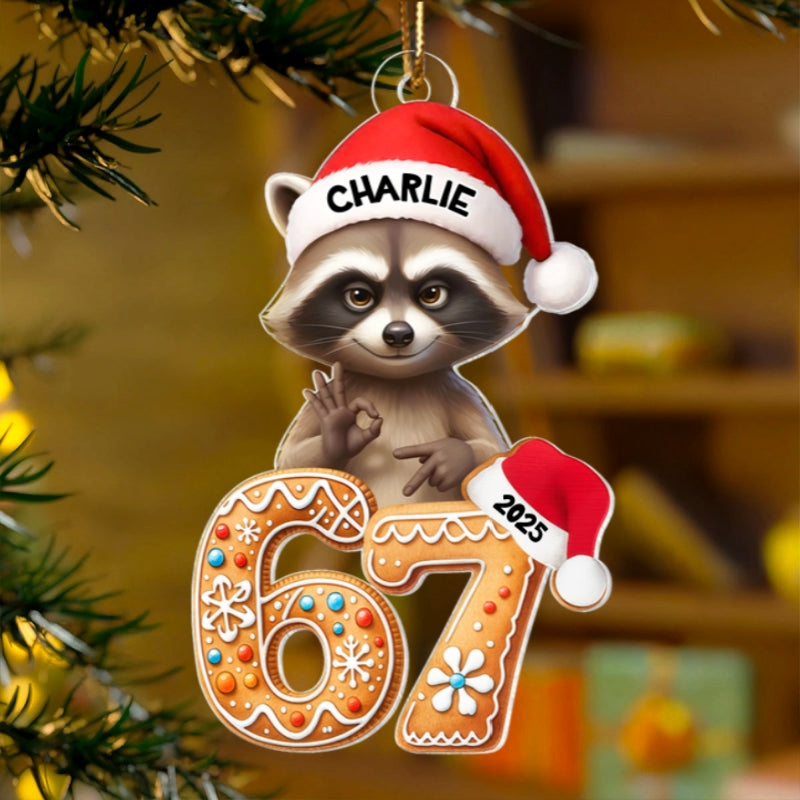 Cunning Raccoon Christmas Pattern Custom Six Seven 67 - Personalized Acrylic Ornament - Teen Slang Funny Tree Decor, Funny Teen Grandkid Gift
