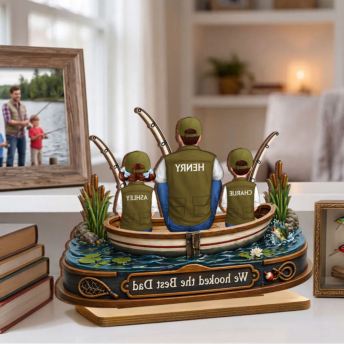 Dad And Kids Fishing Boat - Personalized 2-Layered Wooden Plaque - Heartfelt Gift For Fishing Dad, Gift For Husband