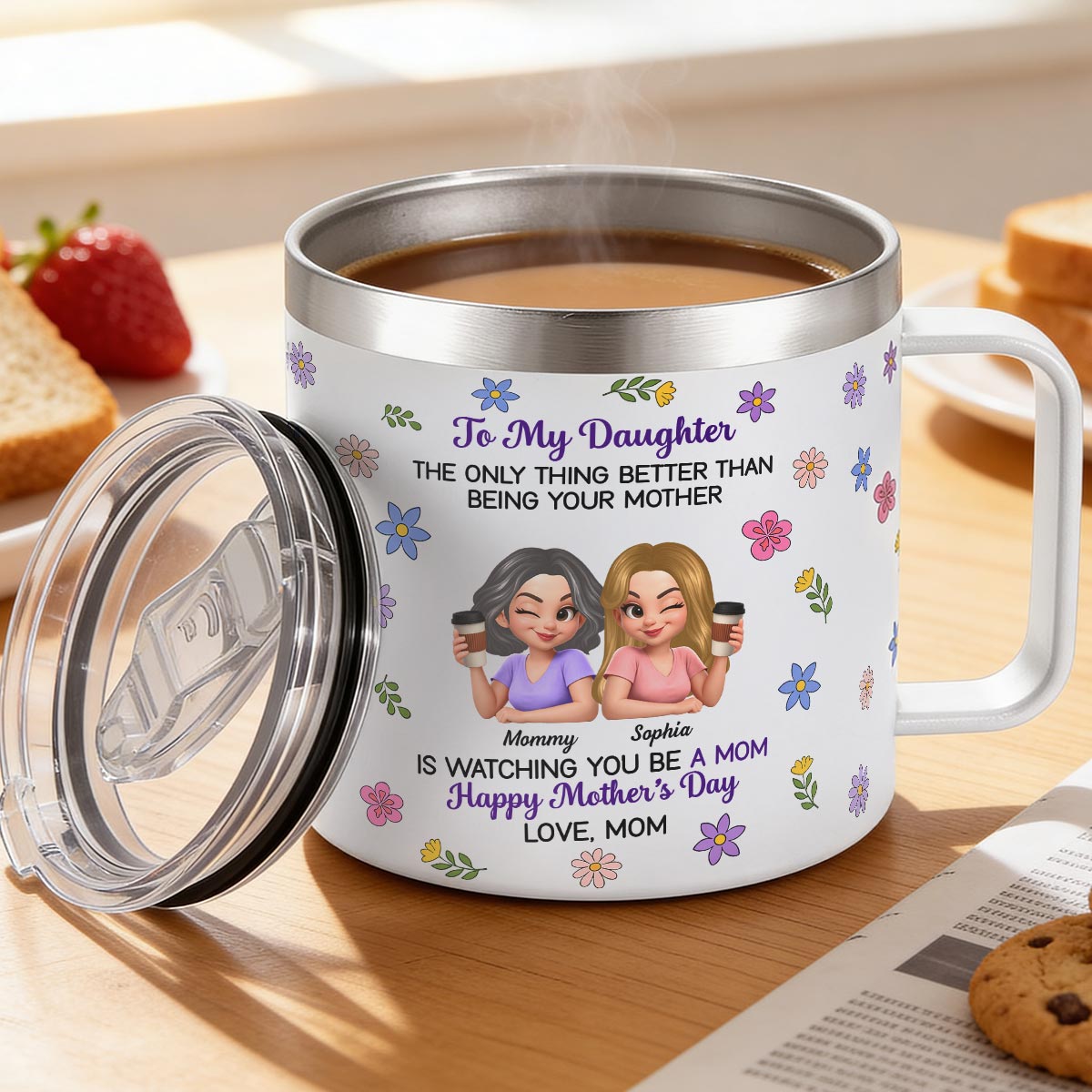 To My Daughter Floral 2D Flat - Personalized Tumbler With Handle - Heartfelt Mother's Day Gift For Daughter