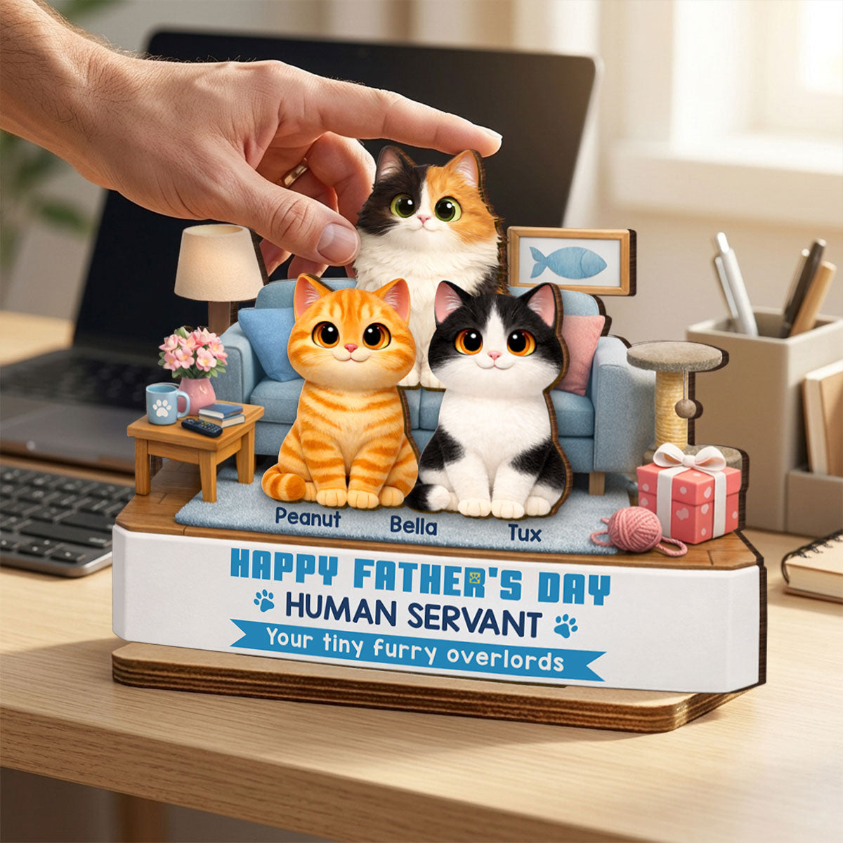 Cat Dad Cute Fluffy Cats Happy  Human Servant - Personalized 2-Layered Wooden Plaque - Funny  Gift For Cat Dad, Cat Lovers