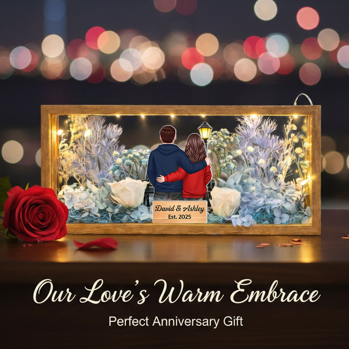 Eternal Love Back View Couple - Personalized DIY Flower Shadow Box LED Night Light - Gift For Couple, For Him, For Her