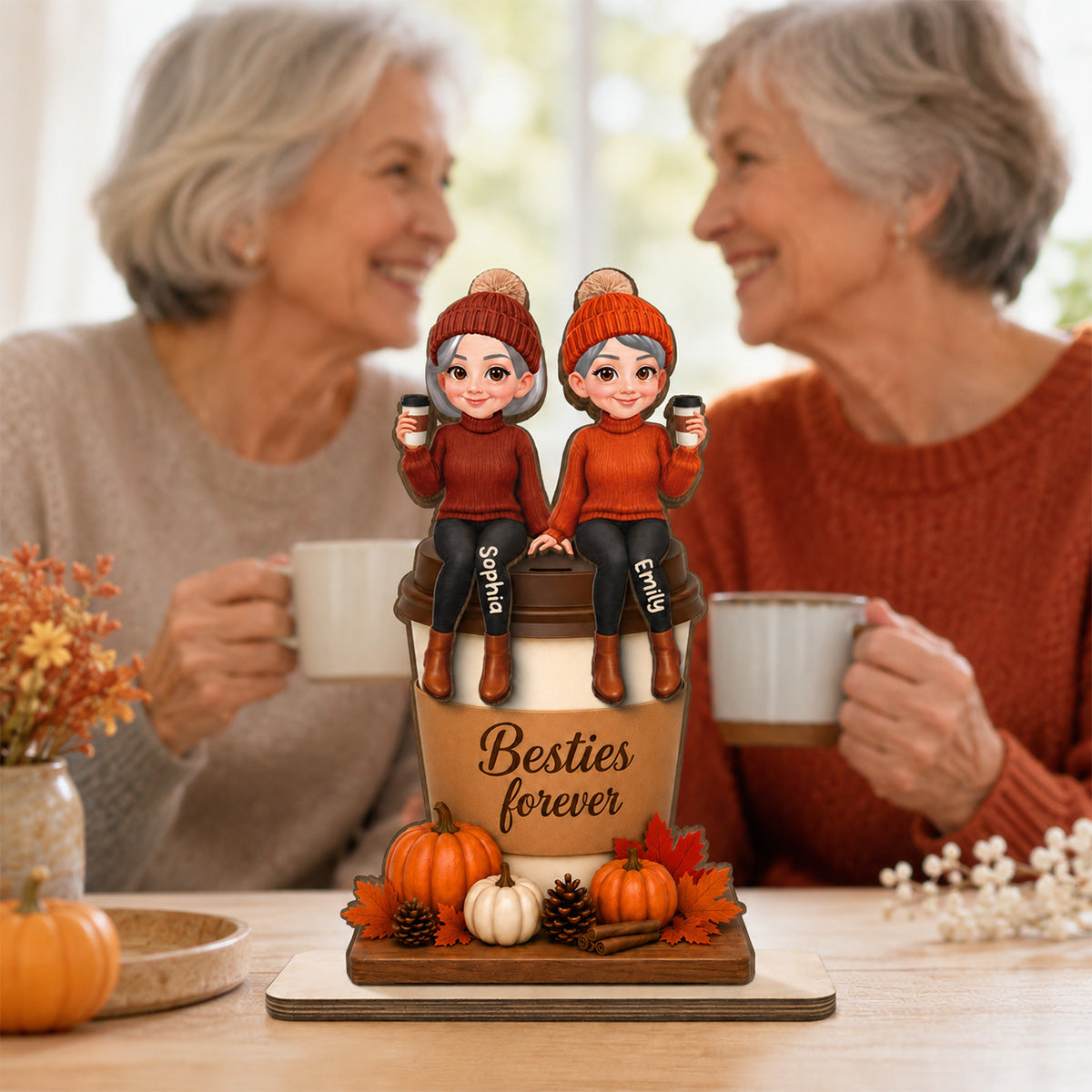 Besties Sitting On Pumpkin Spice Latte 2D Flat - Personalized Wooden Plaque - Cozy Fall Gift