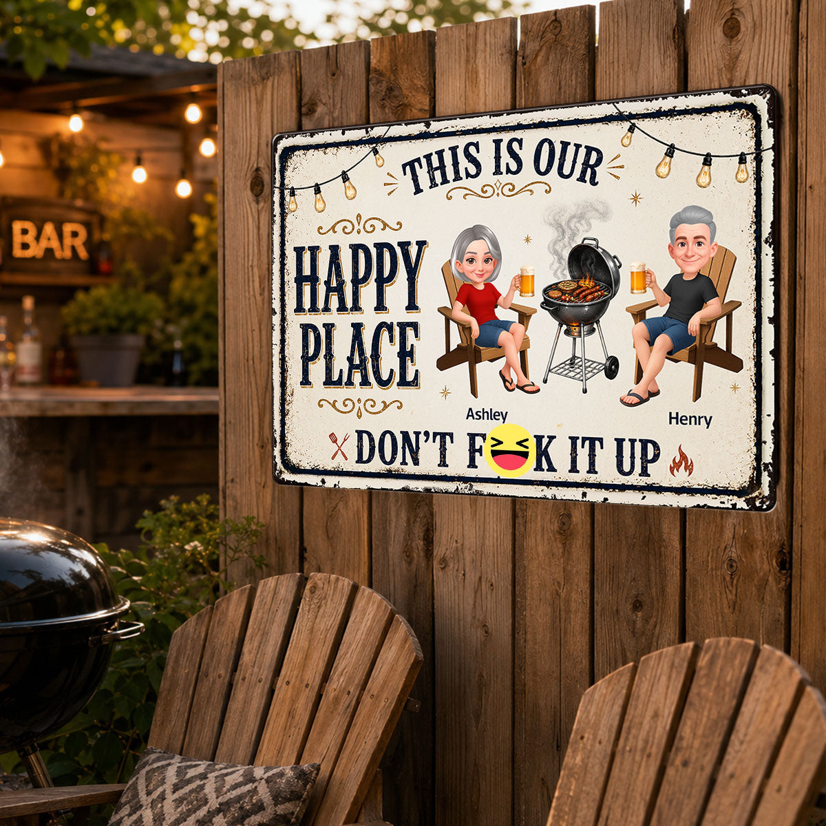 This Is Our Happy Place Backyard Bar Grilling - Personalized Metal Sign - Funny Sarcasm Summer Decoration