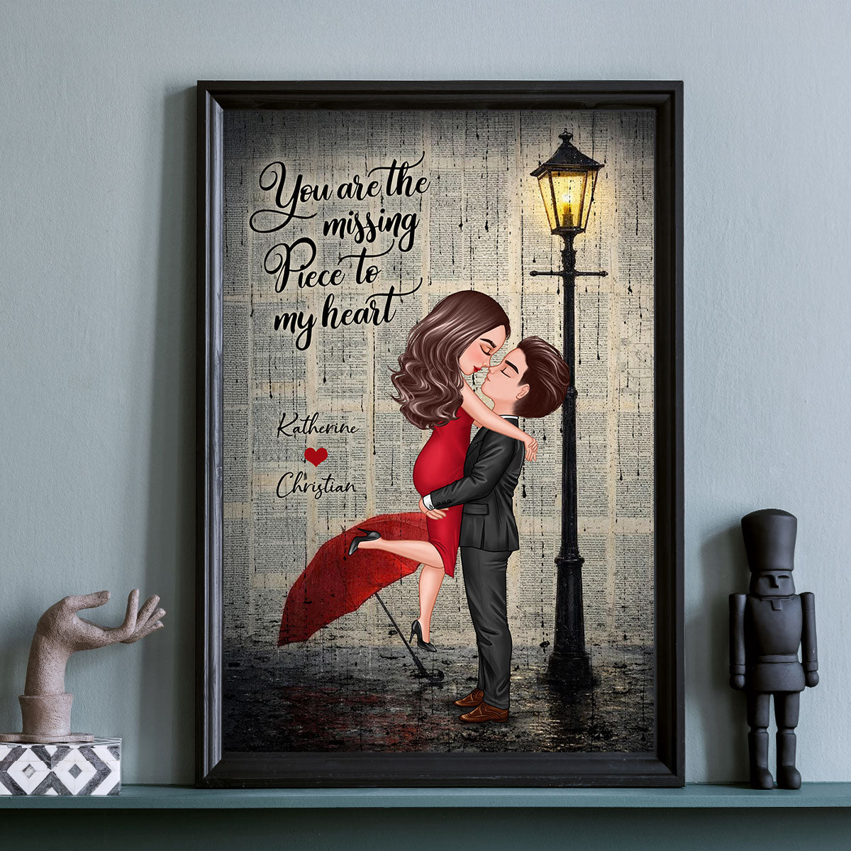 Vintage Newspaper Couple Hugging Kissing Under Lamp Post - Personalized Poster