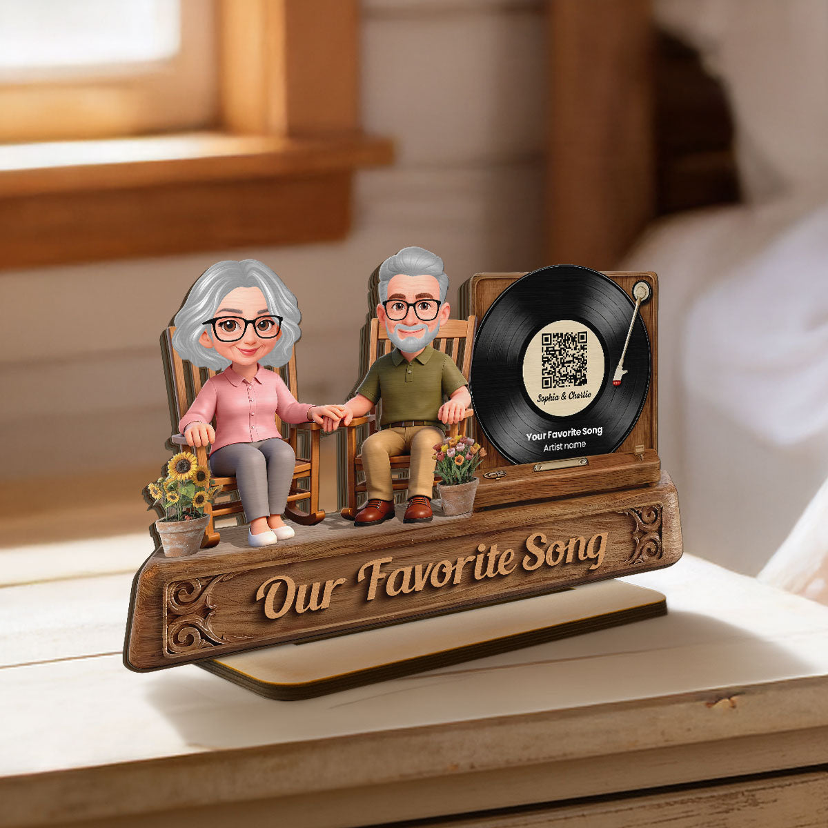 3D Effect Old Couple Sitting On Rocking Chair Favorite Song - Personalized 2-Layered Wooden Plaque
