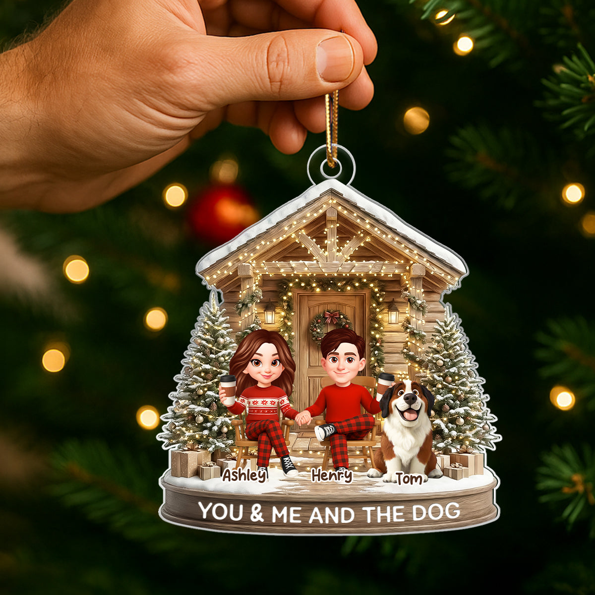 Couple And The Dogs Front Porch - Personalized Acrylic Ornament - Christmas Gift for him, for her